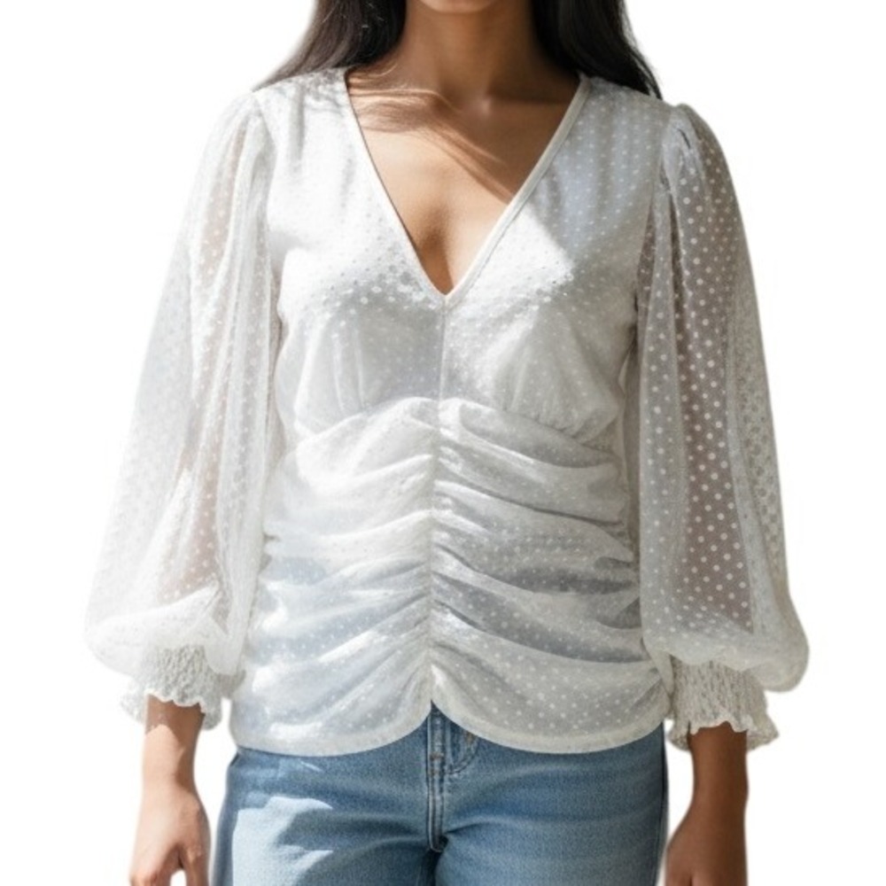 BOSTON‎ PROPER White Swiss Dot Tulle V-Neck Bishop Sleeve Top NWOT Size Medium